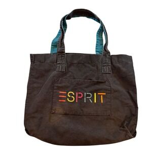 Vintage Esprit Canvas 80's 90's Tote Bag Rainbow Logo Black Shopper Large Fadeed
